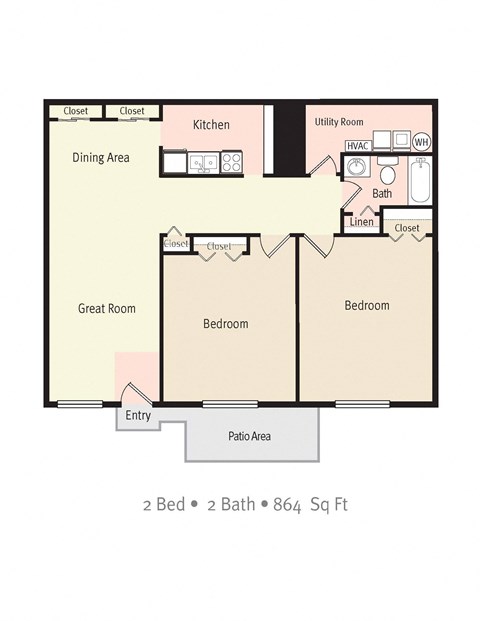 Floor plan for 2 beds, 2 baths, 864 sqft